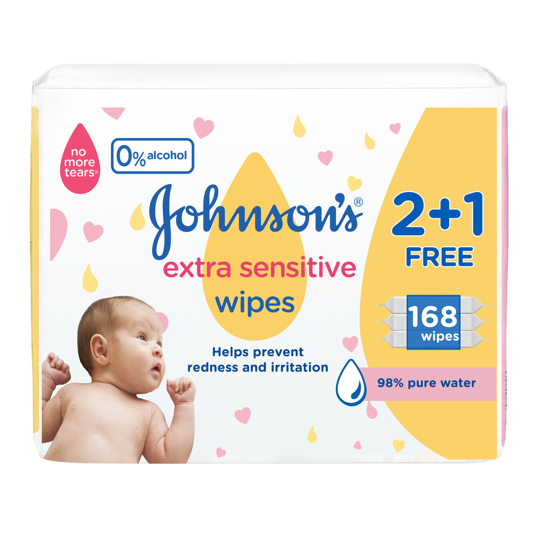 Johnson's Baby Wipes Extra Sensitive 98% Pure Water 2+1 Packs Of 56 Wipes 168 Total Count