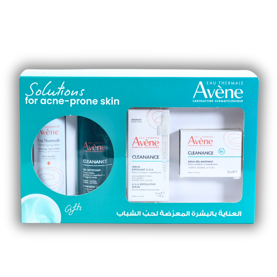 Avène Cleanance Aqua Gel Matifiant 50Ml + Cleanance Serum Exfoliant A.H.A 30Ml + Free Cleanance Gel Nottoyant 100Ml & Free Eau Thermale 50Ml
