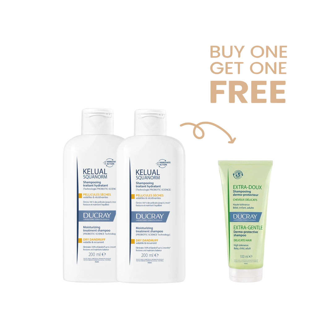 Ducray kelual Squanorm Dry Dandruff 100mL Buy 2 Get Ducray Shampoing extra doux 100mL For Free