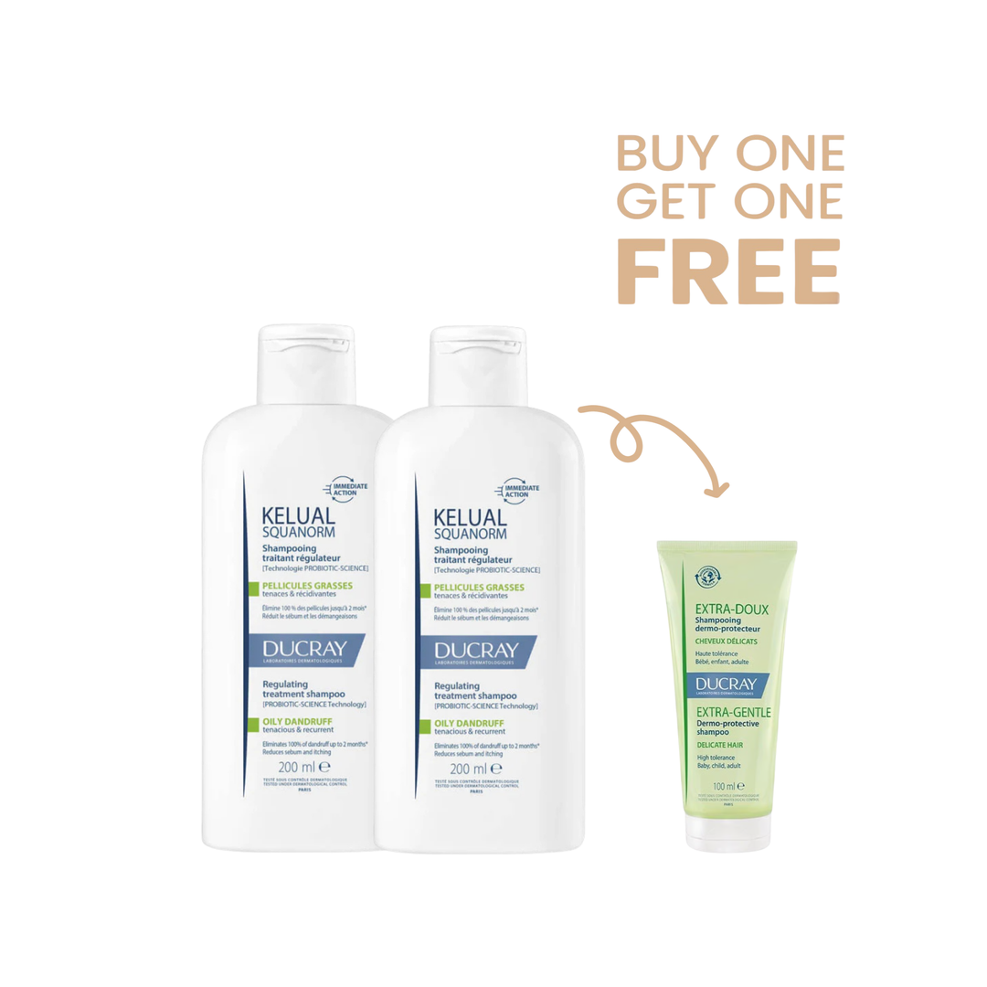 Ducray kelual Squanorm Oily Dandruff 100mL Buy 2 Get Ducray Shampoing extra doux 100mL For Free