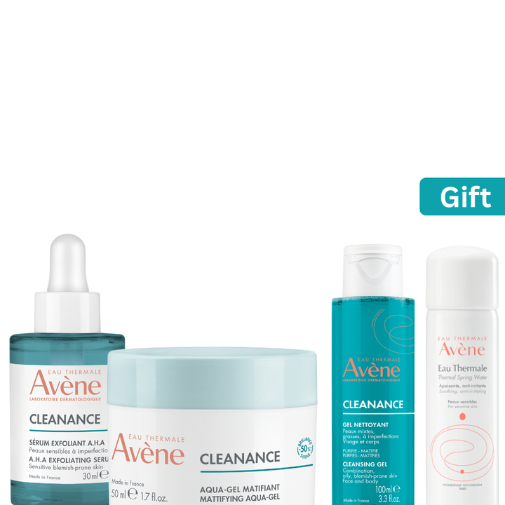 Avène Cleanance Aqua Gel Matifiant 50Ml + Cleanance Serum Exfoliant A.H.A 30Ml + Free Cleanance Gel Nottoyant 100Ml & Free Eau Thermale 50Ml