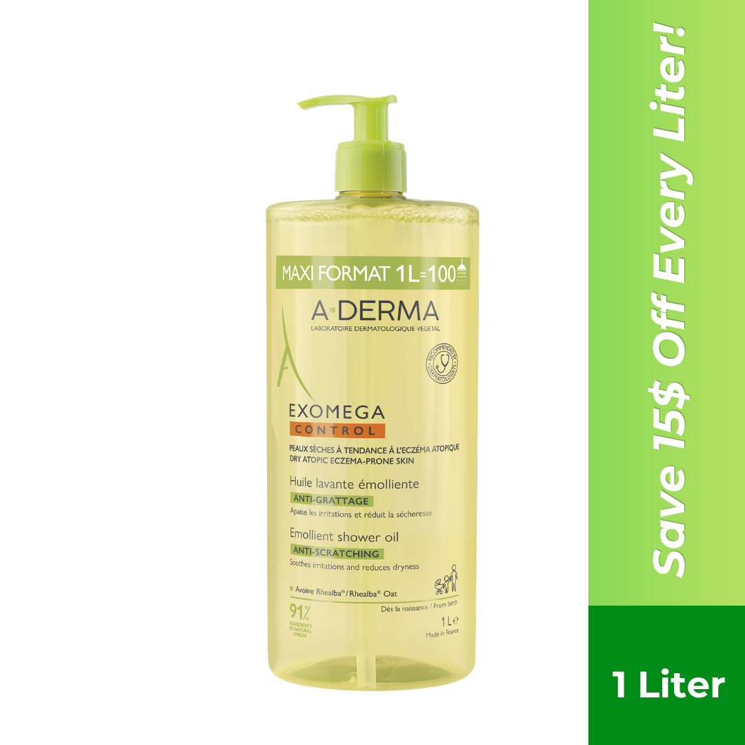 A-Derma Exomega Control Emollient Anti-Scratch Soothing & Cleansing Oil For Eczema-Prone Skin 1L