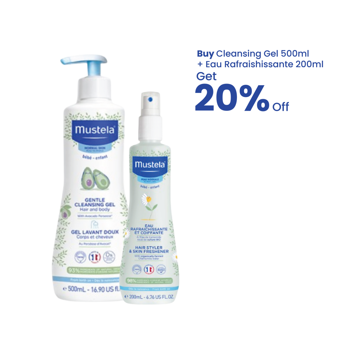 Mustela Cleansing Gel 500mL + Eau Rafraichissante 200mL Get 20% OFF