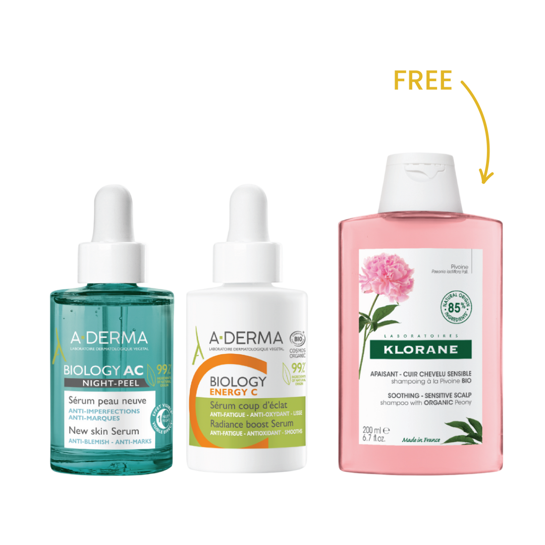 Buy Aderma Biology AC Night Peel Serum + Energy C serum Get Klorane Shampoing Pivoine