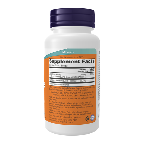 Now Zinc Glycinate 30mg AlbionTM Zinc 120 Softgels