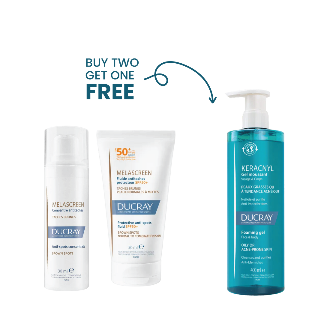 Buy Ducray Melascreen Concentre Anti-Taches + Melascreen Sunscreen Get Ducray Keracnyl Gel 400mL