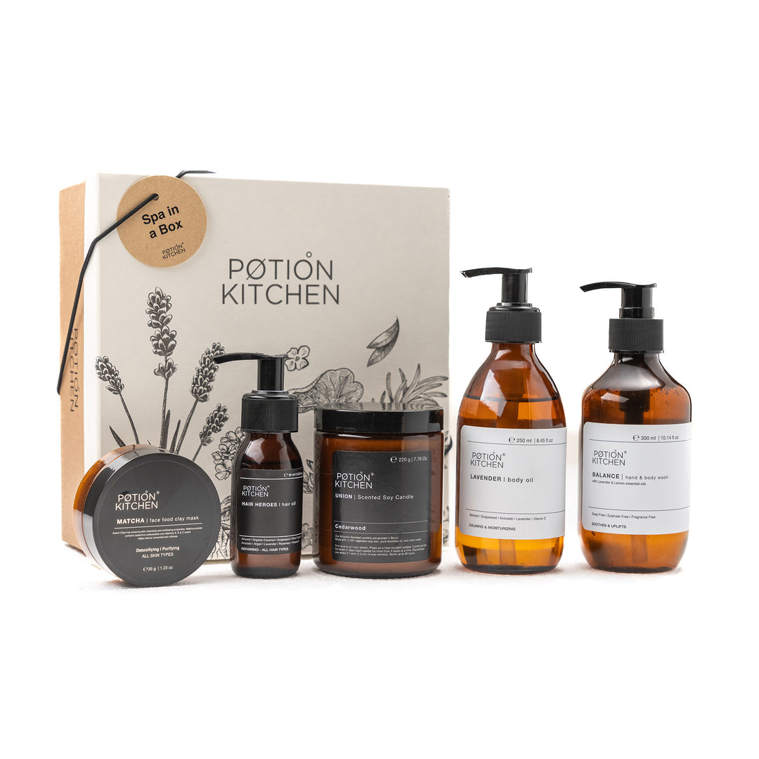 Potion Kitchen Spa in a Box: Lavender Body Oil 250ML, Balance Hand & Body Wash 300ML,Union Cedarwood Scented Soy Candle 220 G, Matcha Face Food Clay Mask 35G,Hair Heroes Hair Oil 60 ML
